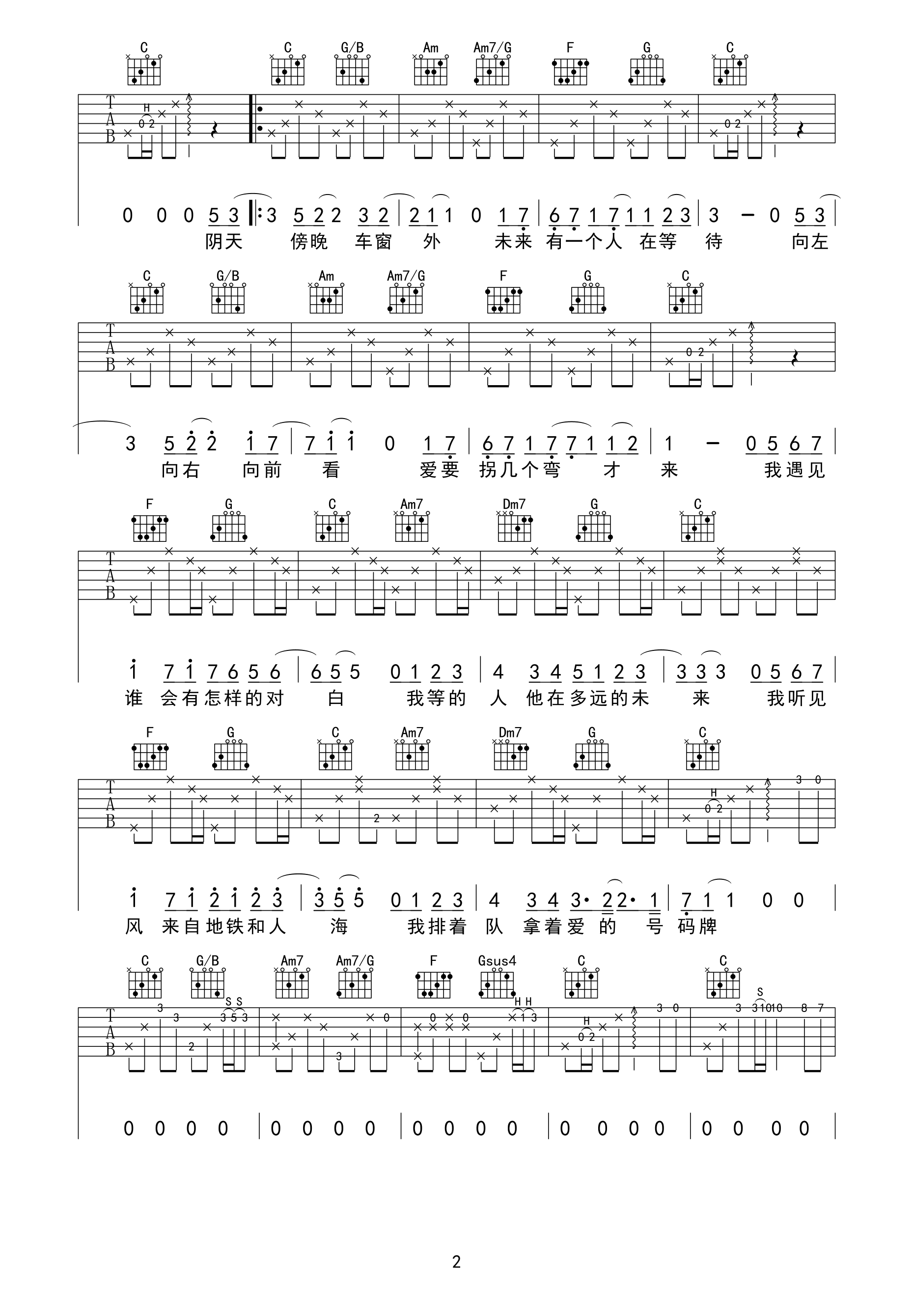 《遇见》吉他谱 孙燕姿 C调编配高清吉他弹唱谱 吉他谱