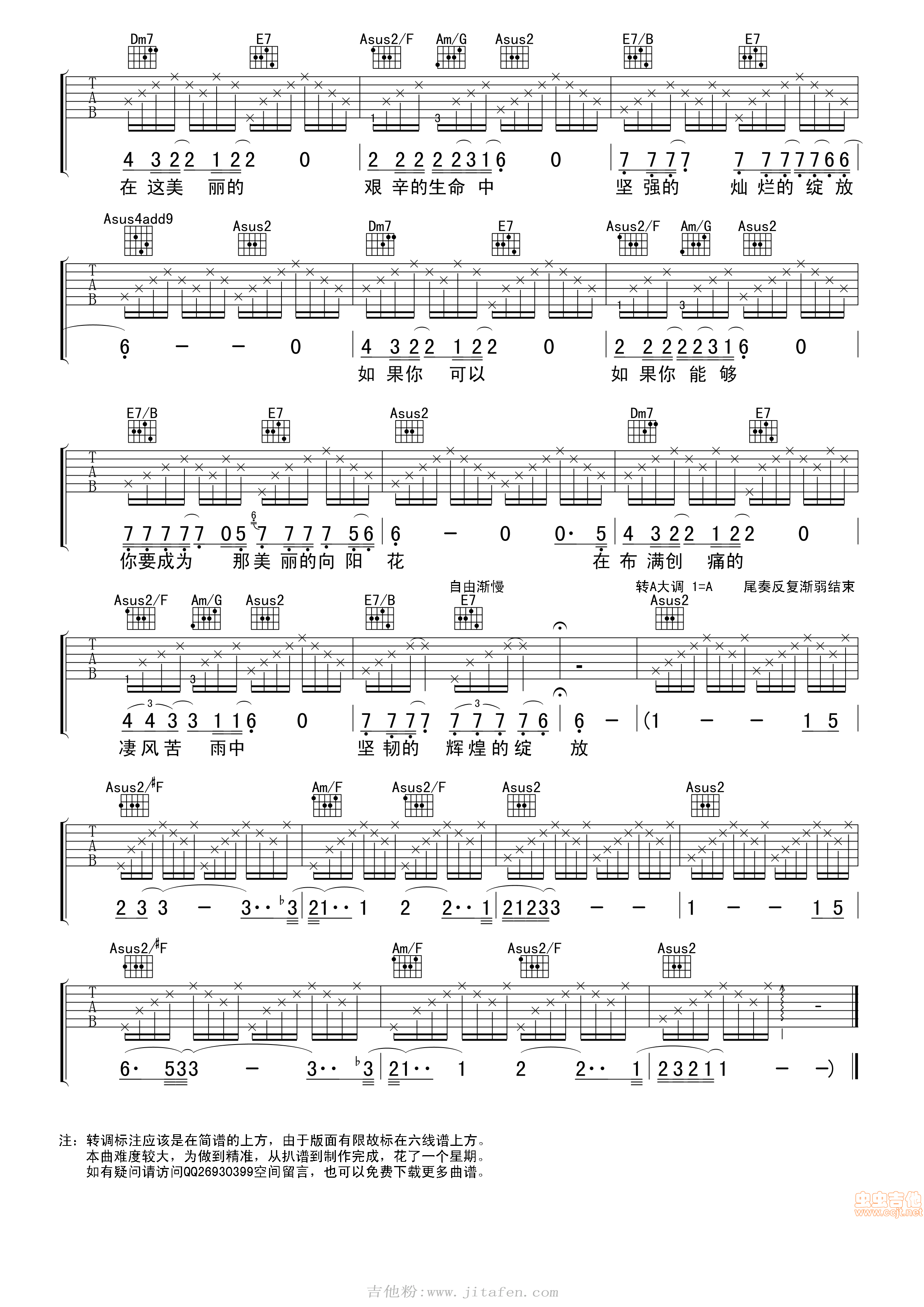 汪峰《向阳花》精准完整版 吉他谱
