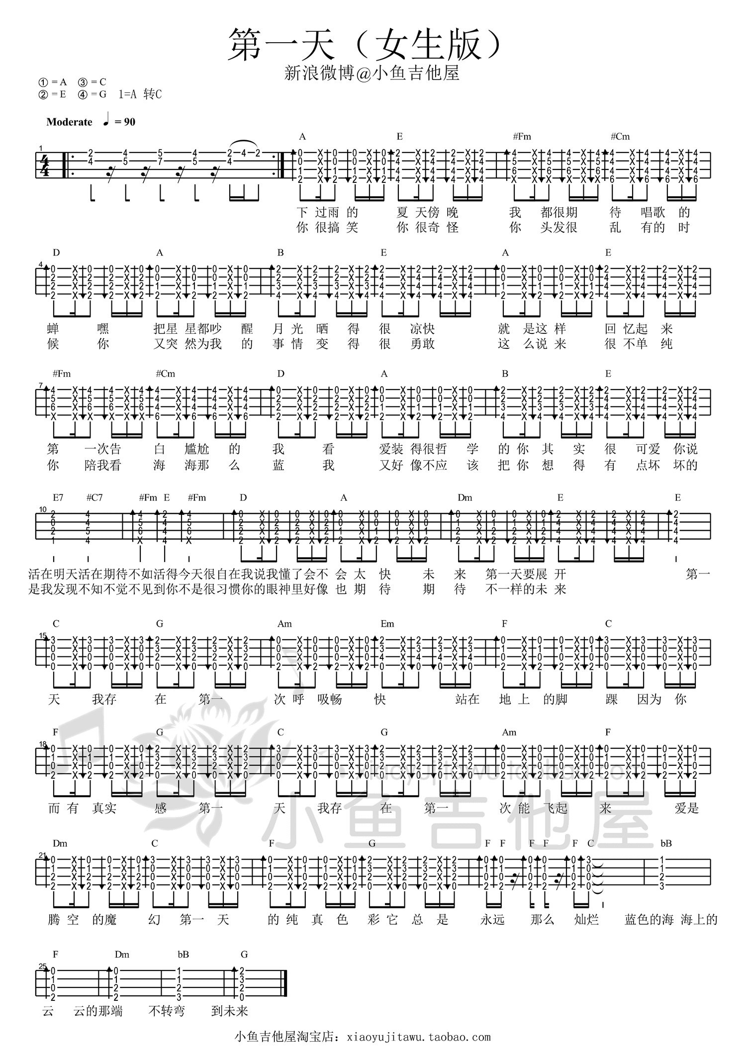孙燕姿/五月天 第一天（女生版）尤克里里谱 吉他谱
