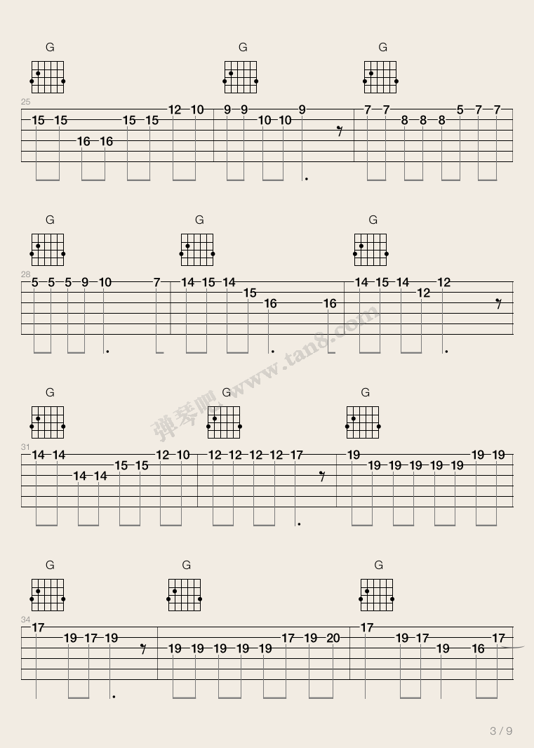 杨千嬅版《野孩子》高清吉他图片谱 吉他谱