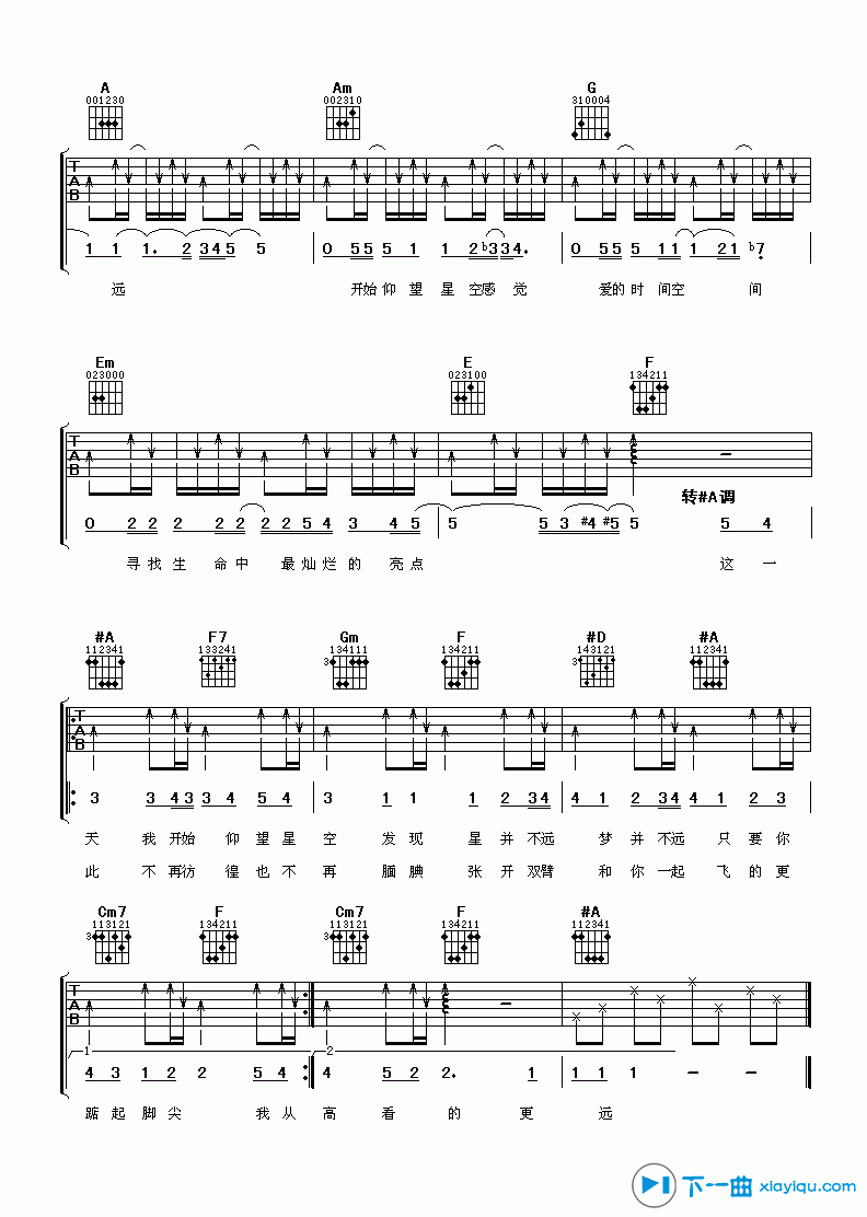 仰望星空吉他谱A调_张杰仰望星空吉他六线谱 吉他谱