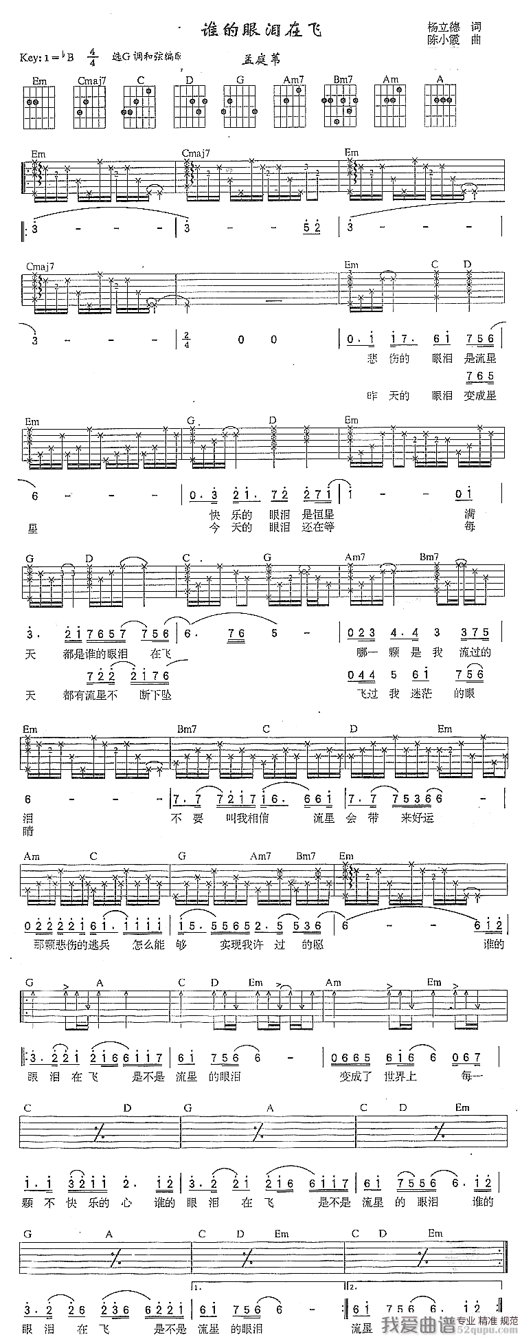 孟庭苇《谁的眼泪在飞》吉他谱/六线谱 吉他谱