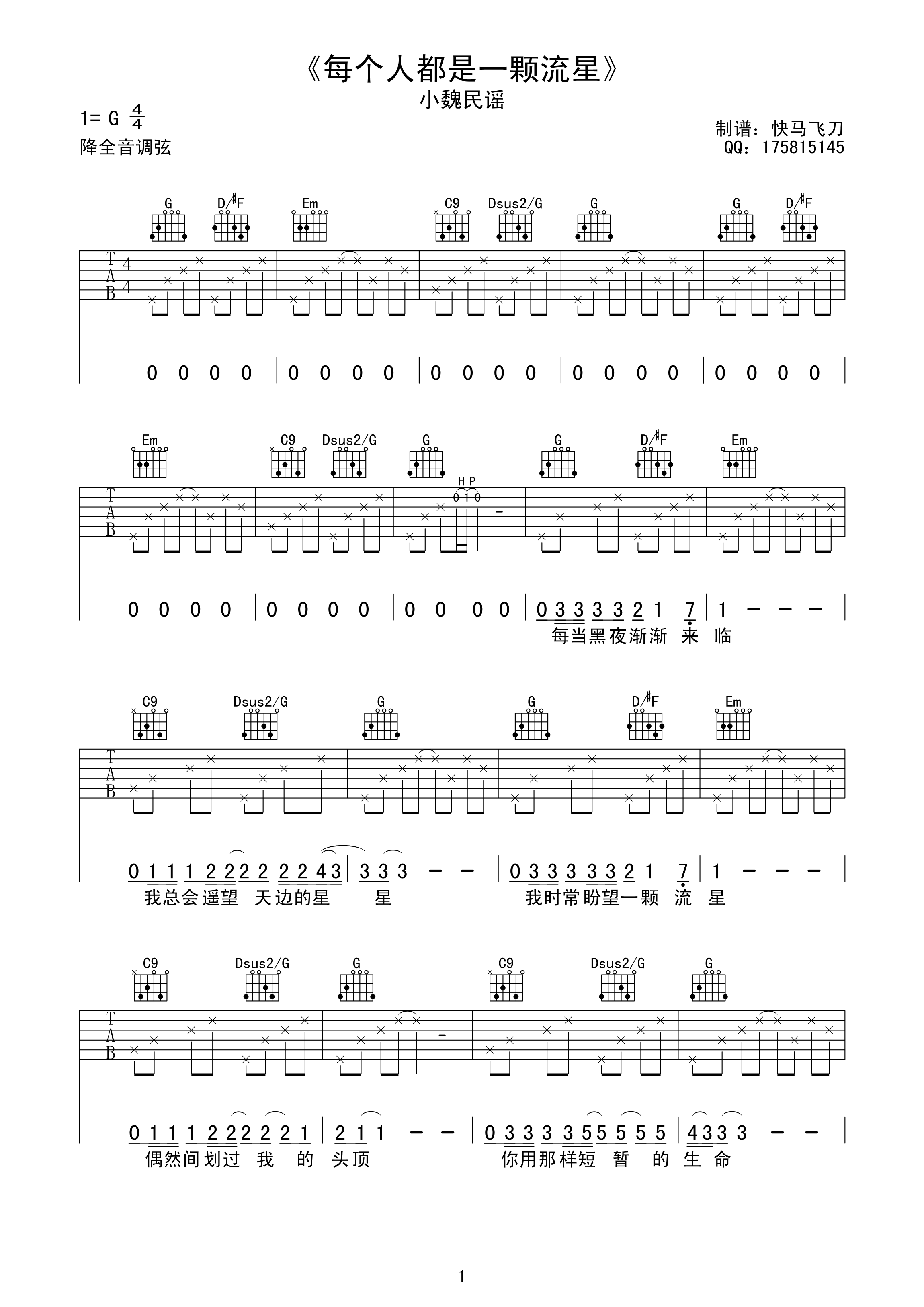 小魏 每个人都是一颗流星吉他谱 G调简单版 吉他谱