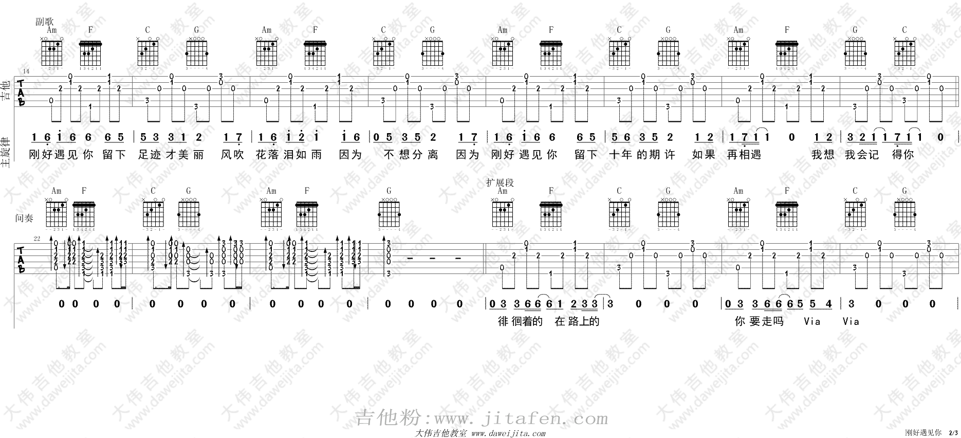 《刚好遇见你》吉他谱_弹唱演示视频_女生版 吉他谱