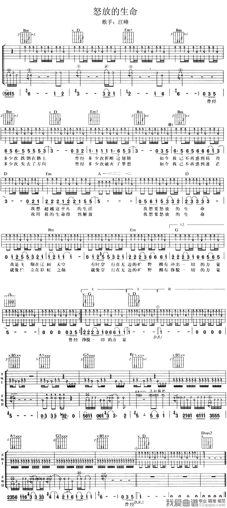 汪峰《怒放的生命》吉他谱/六线谱 吉他谱