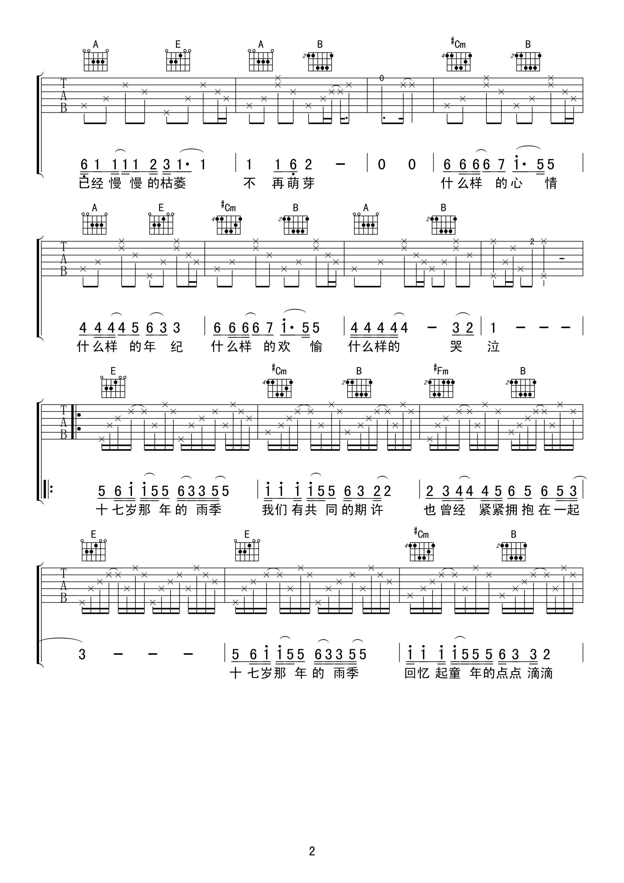 十七岁那年的雨季吉他谱 林志颖 高清弹唱谱 吉他谱