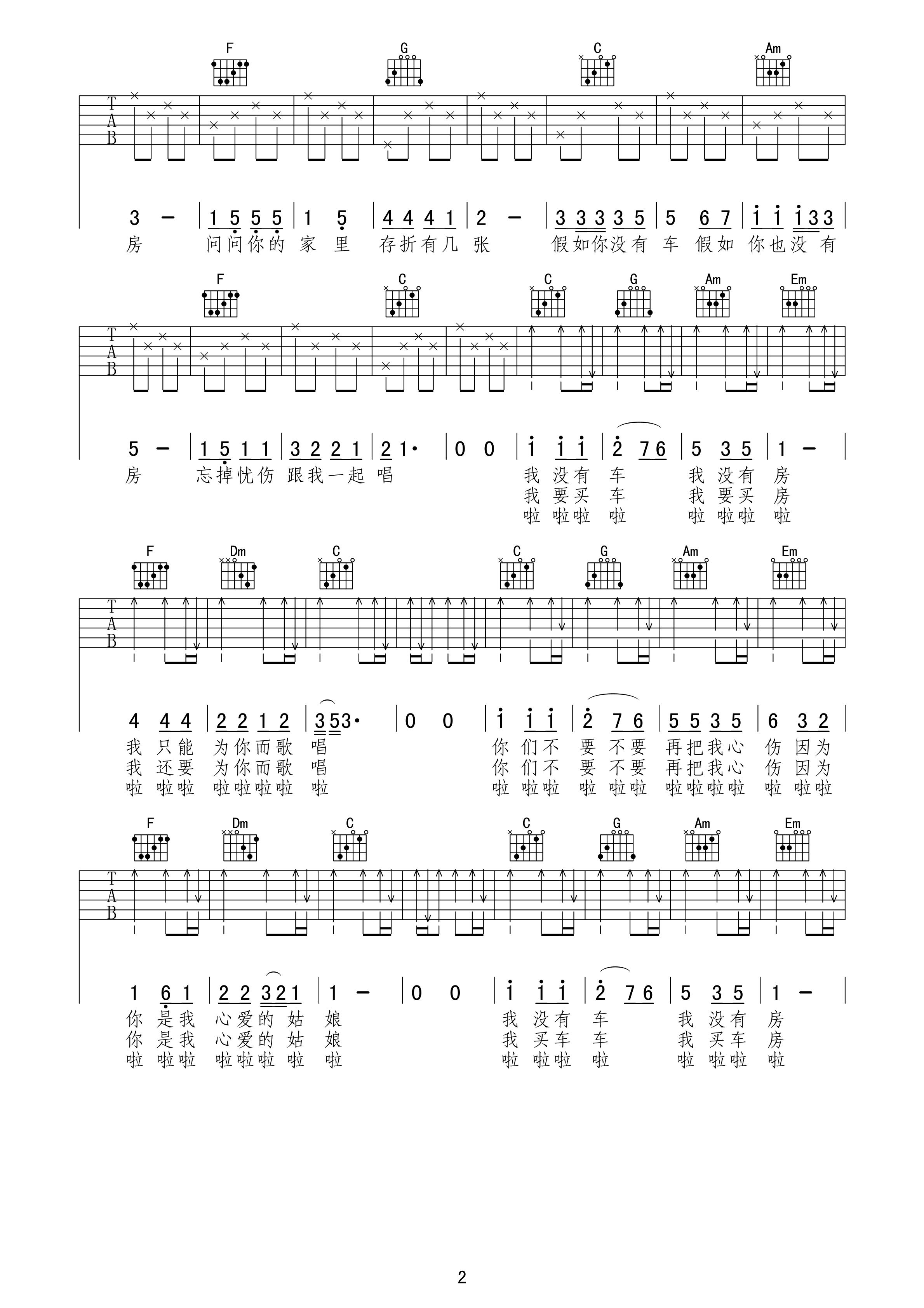 孙辉 没有车没有房吉他谱 C调午夜吉他版 吉他谱