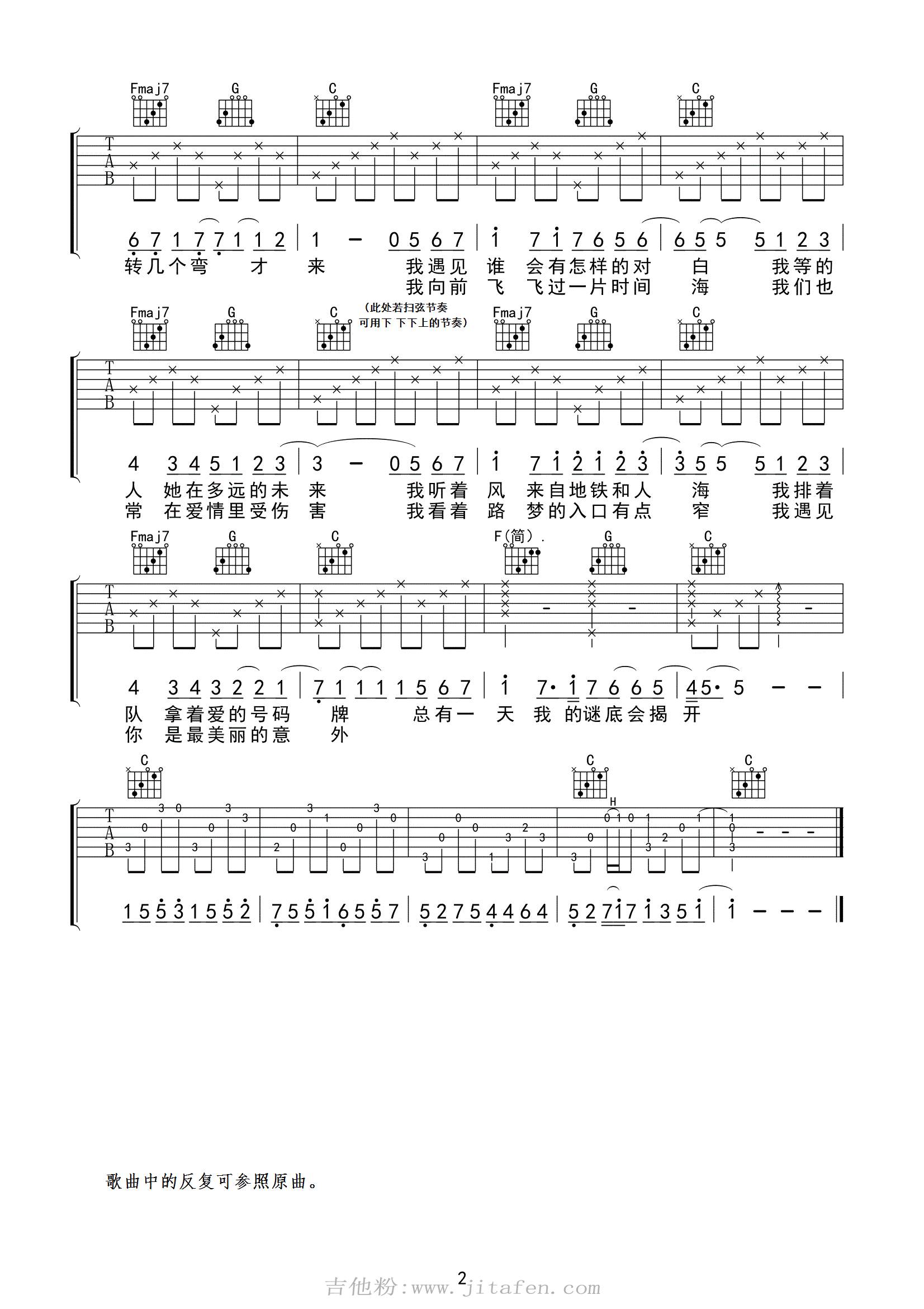 《遇见》吉他谱 孙燕姿 男生弹唱版 C调 吉他谱
