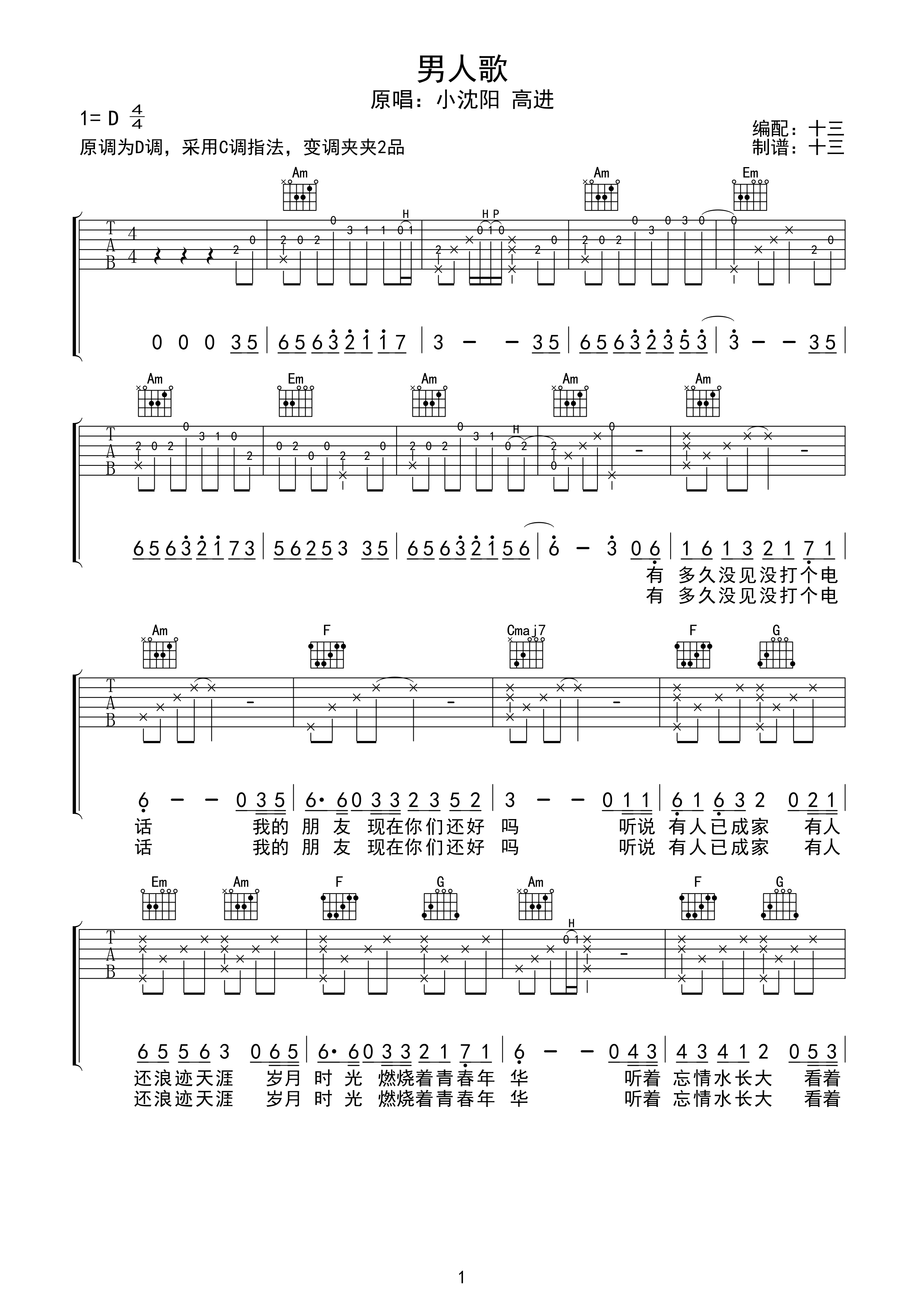 小沈阳/高进 男人歌 吉他谱