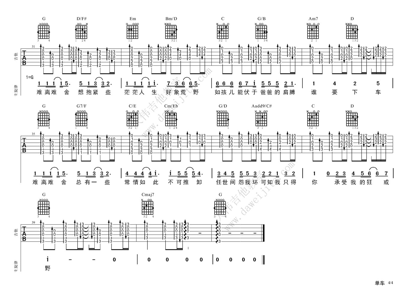 陈奕迅《单车》吉他谱  吉他谱