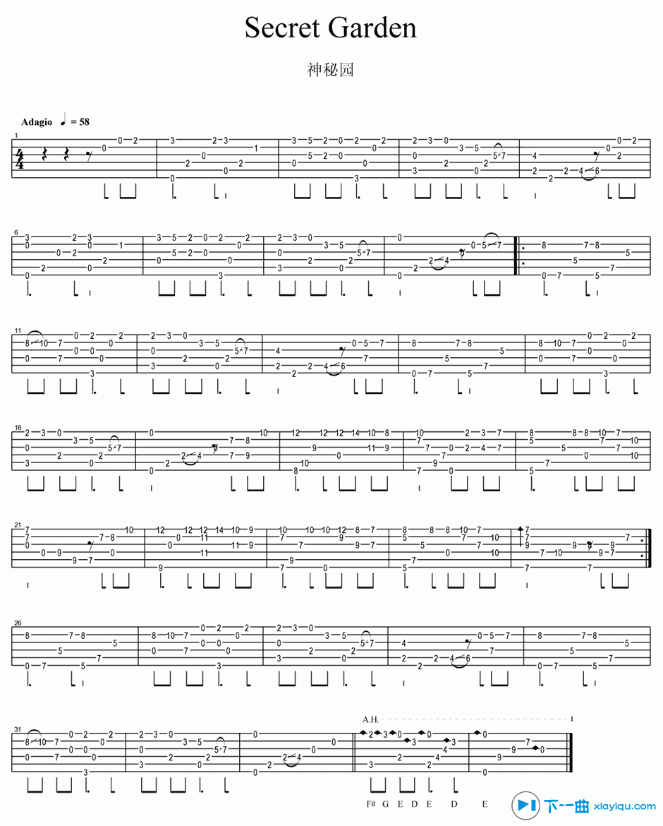 secret garden吉他谱指弹版（六线谱）_神秘园 吉他谱