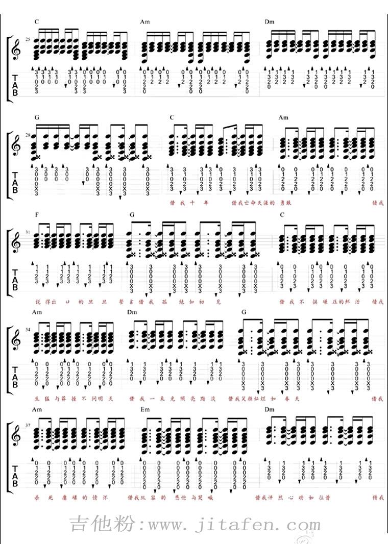 谢春花《借我》吉他谱_弹唱六线谱_图片谱 吉他谱