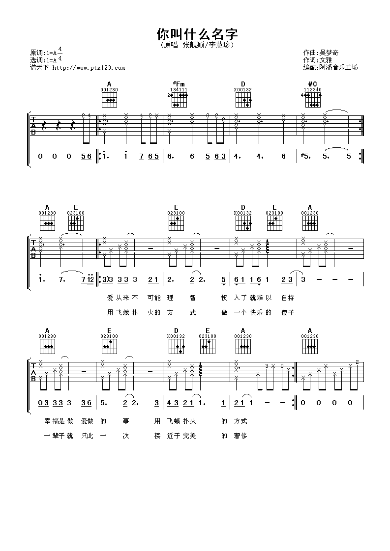 张靓颖&李慧珍 你叫什么名字 吉他谱