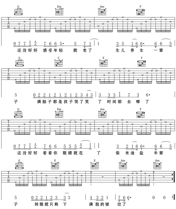 王铮亮 时间都去哪儿了吉他谱C调简单版 吉他谱