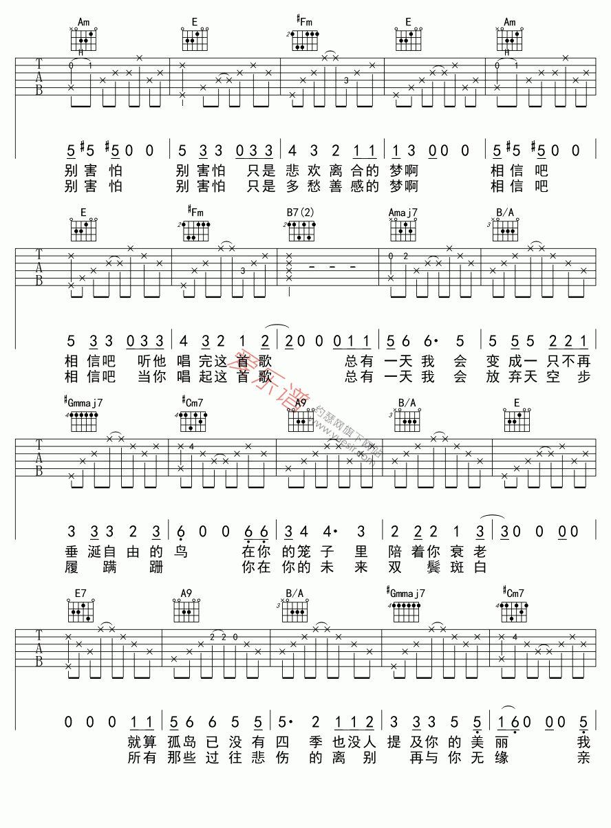 马頔《孤鸟的歌》 吉他谱