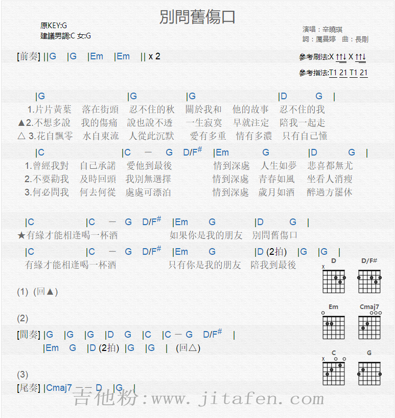 别问旧伤口 吉他谱