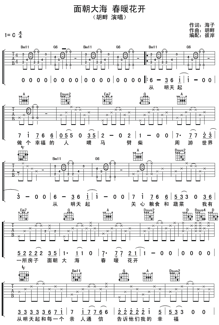 胡畔 面朝大海春暖花开 吉他谱