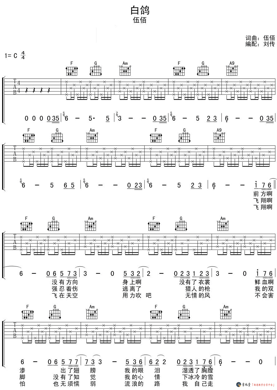 《白鸽》吉他谱_伍佰_高清C调简单版 吉他谱