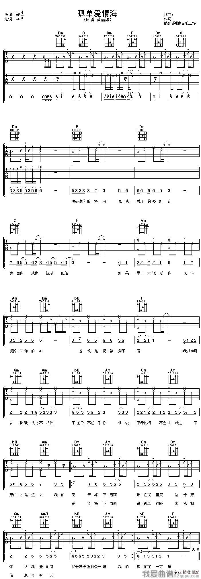 孤单爱情海（阿潘编配版） 吉他谱