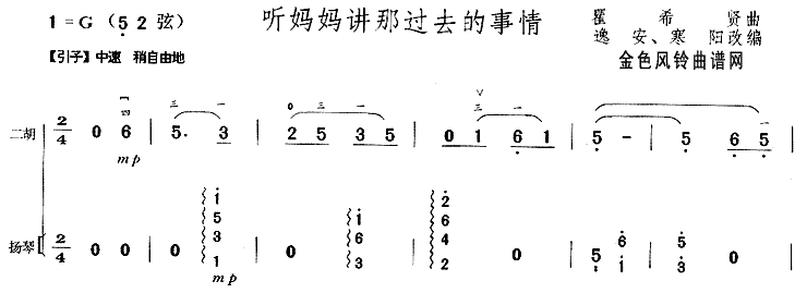 听妈妈讲那过去的事情（二胡曲谱） 吉他谱