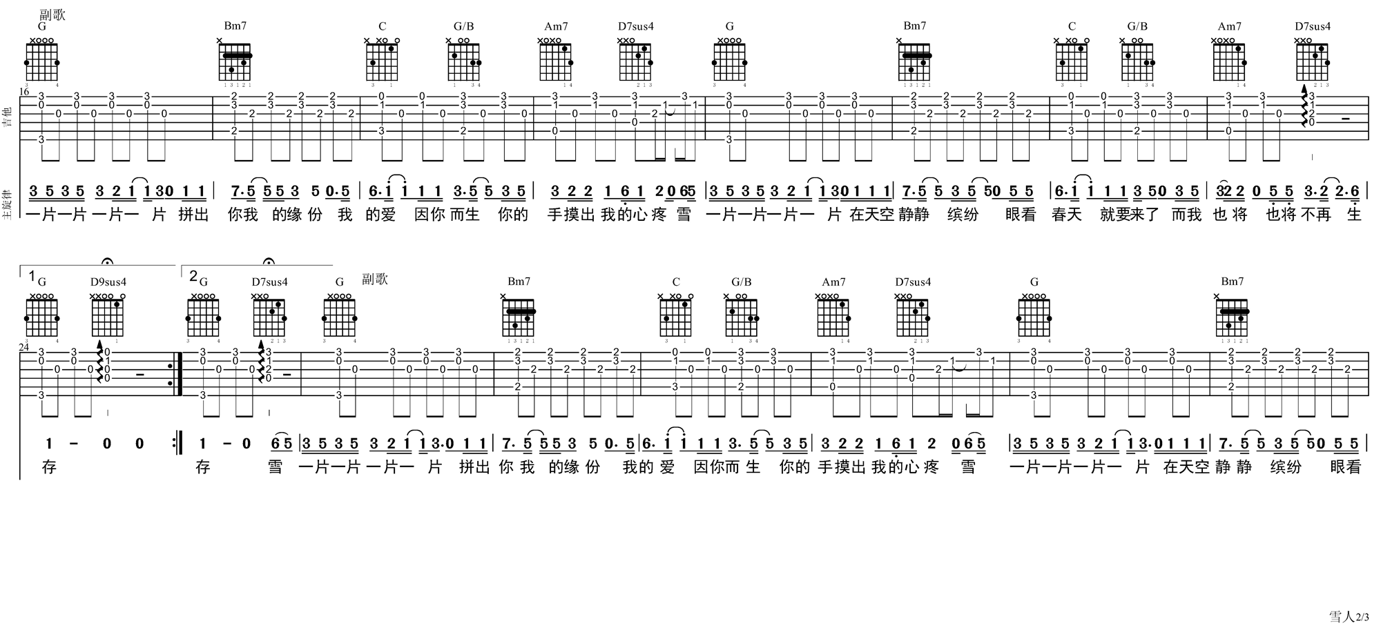 《雪人》吉他谱_范晓萱_《雪人》原版谱 吉他谱