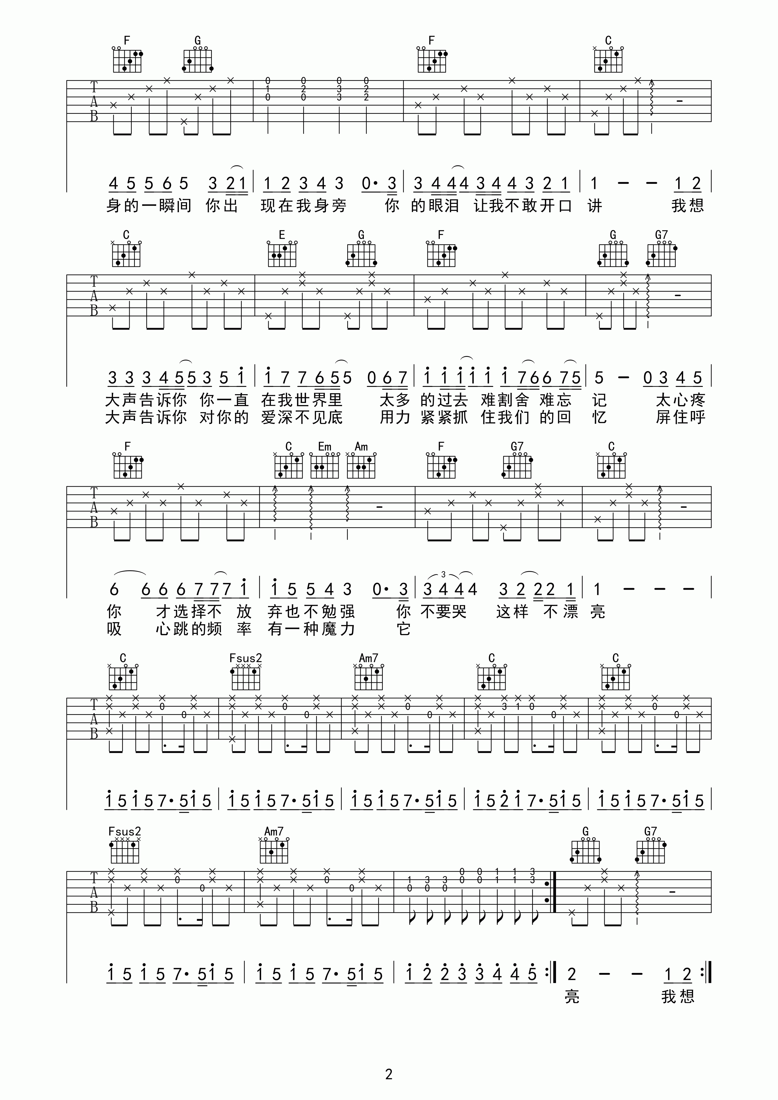 樊凡 我想大声告诉你吉他谱 C调简单版 吉他谱
