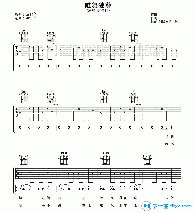 唯舞独尊吉他谱A调_蔡依林唯舞独尊六线谱 吉他谱
