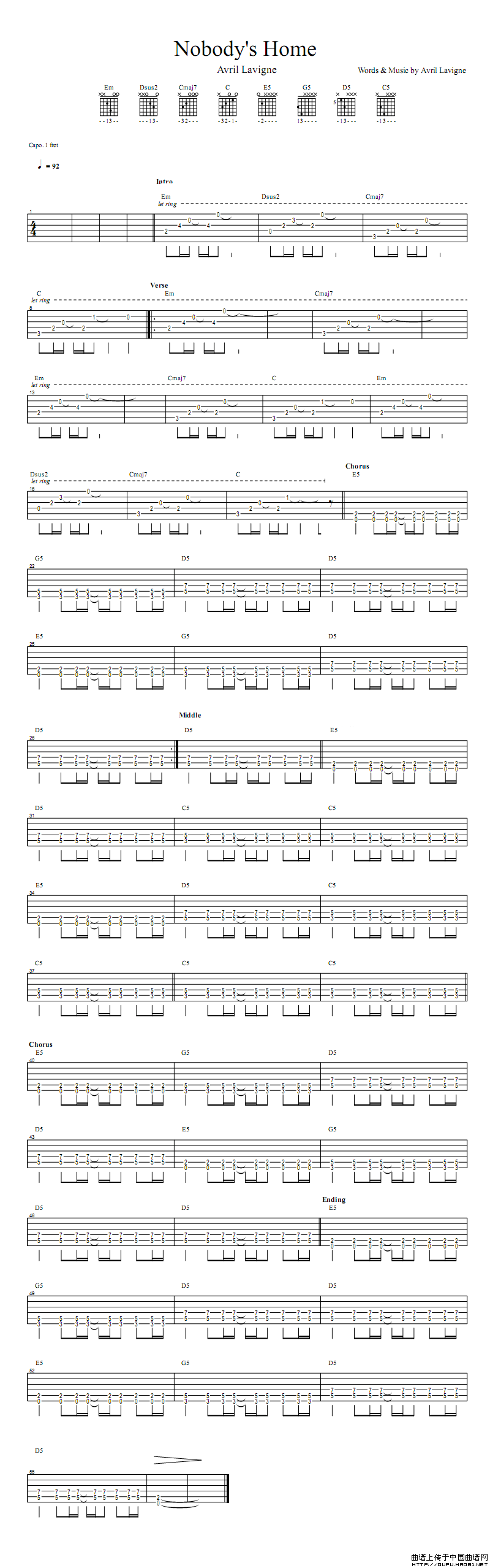 Avril/Lavigne《nobody‘s home》吉他谱/六线谱 吉他谱