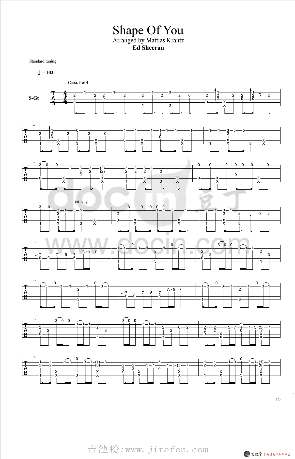 Ed Sheeran《Shape of you》吉他指弹独奏谱_视频示范 吉他谱