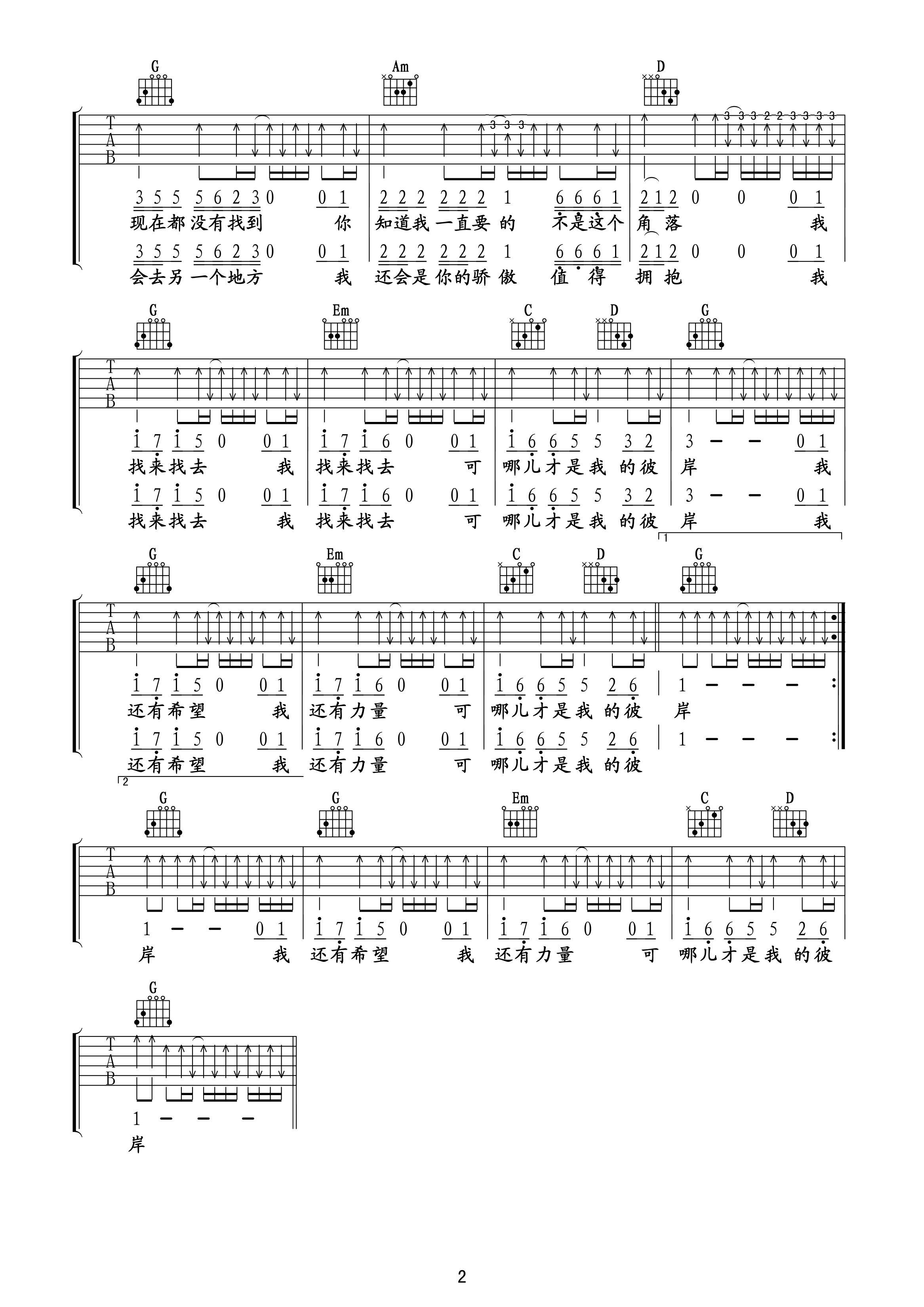 汪峰 彼岸吉他谱 至尊宝G调扫弦版 吉他谱