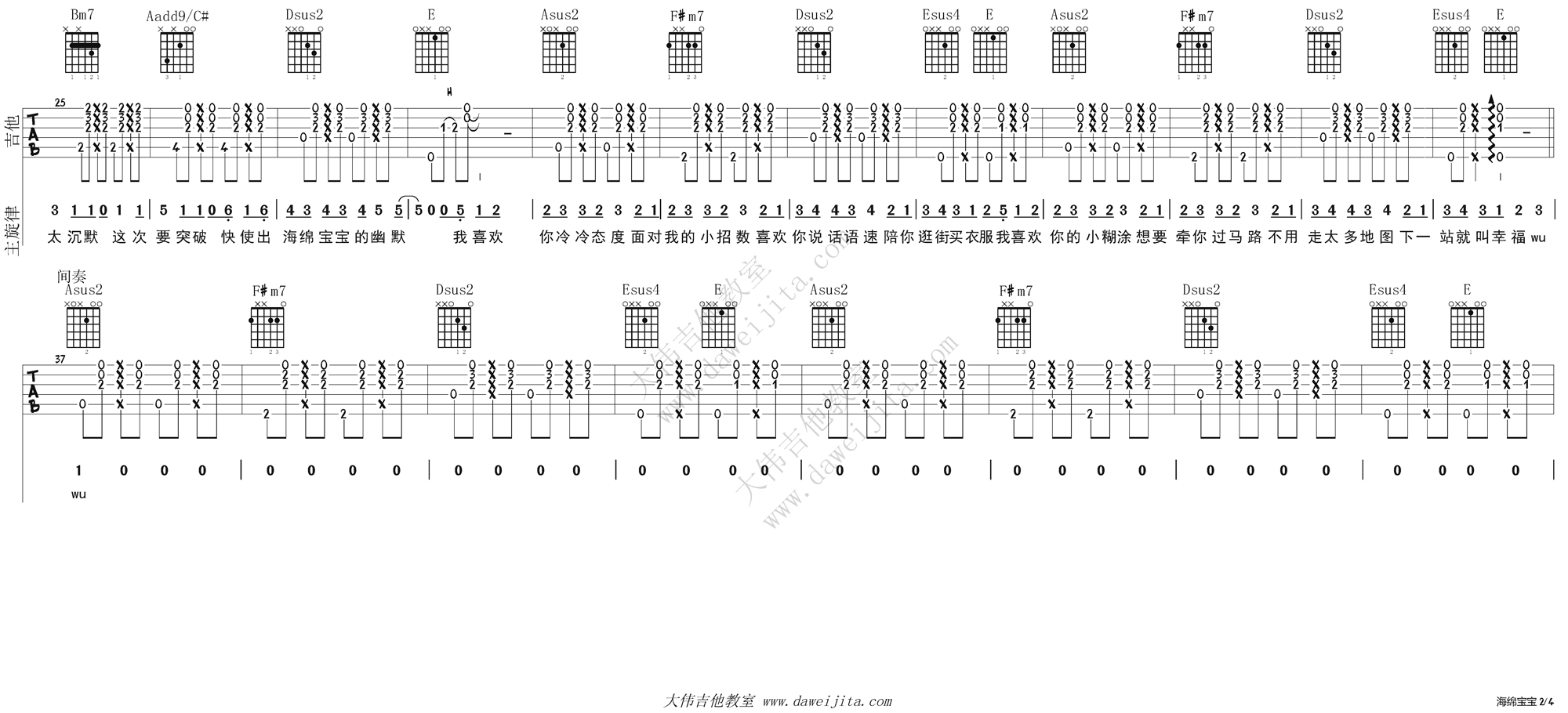 回音哥《海绵宝宝》吉他谱_吉他弹唱教学 吉他谱