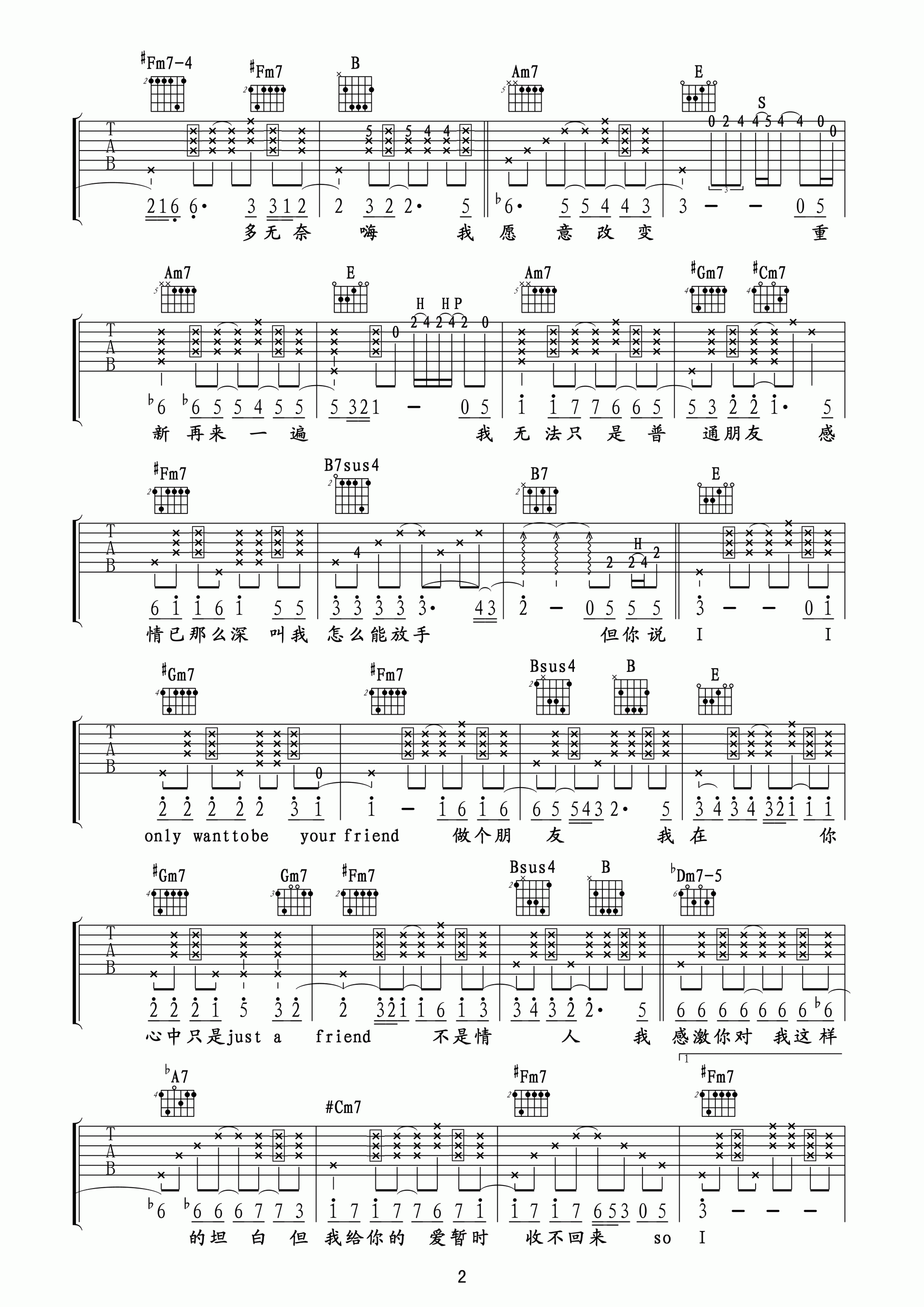 陶喆《普通朋友》吉他谱六线谱【高清】 吉他谱