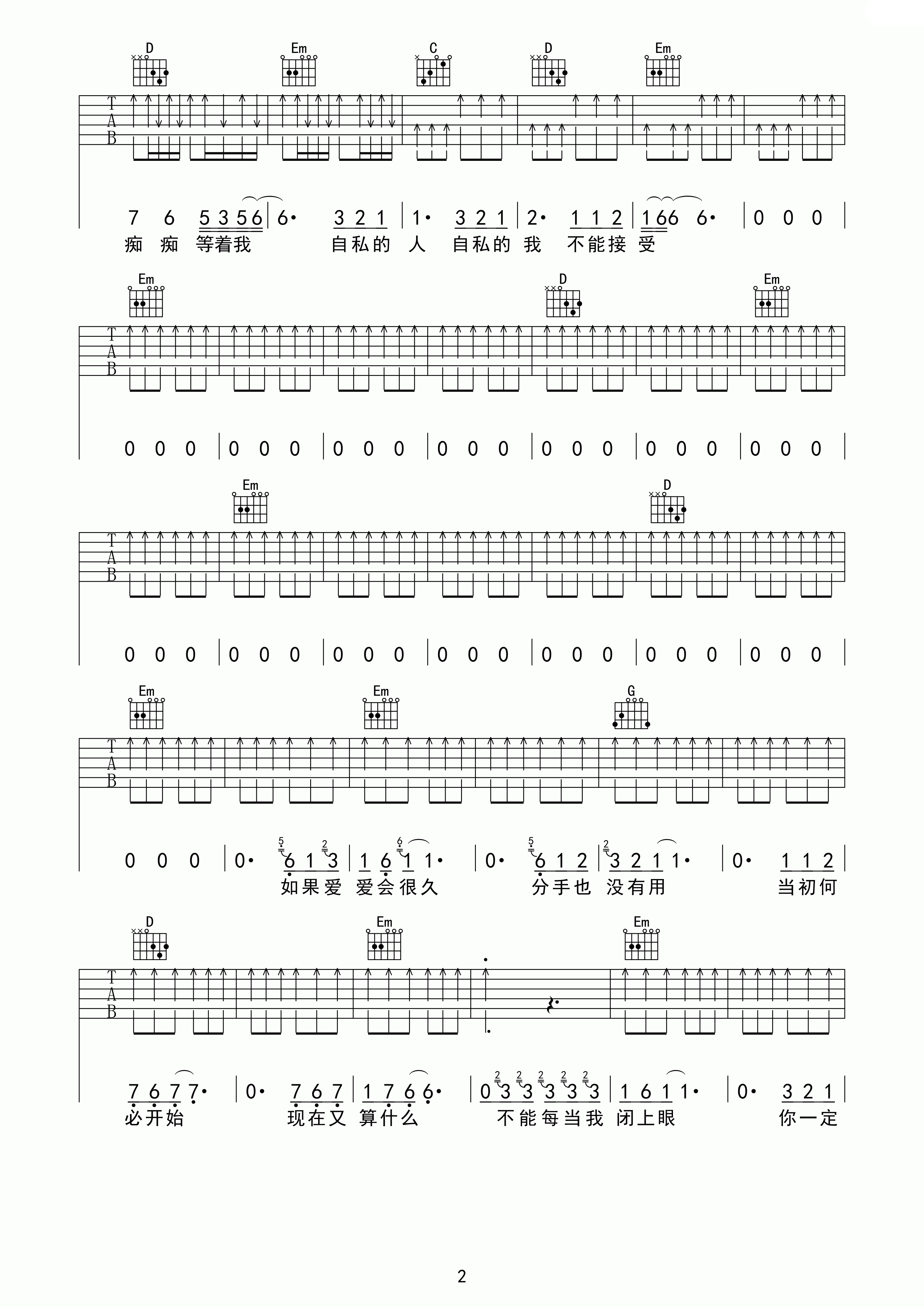 伍佰《亏欠》吉他谱 C调高清版 吉他谱