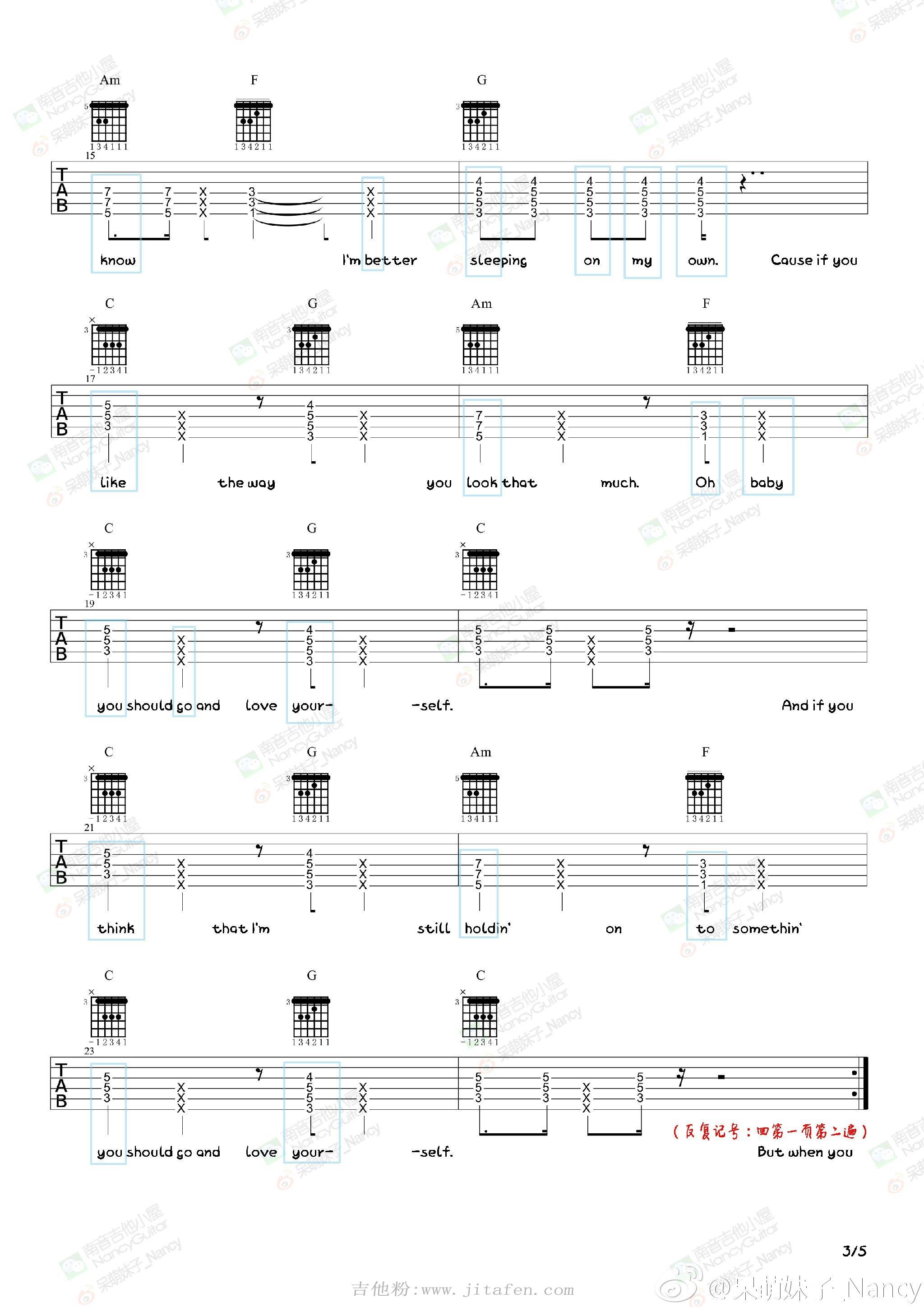 Justin Bieber《Love Yourself》吉他弹唱教学Nancy 吉他谱