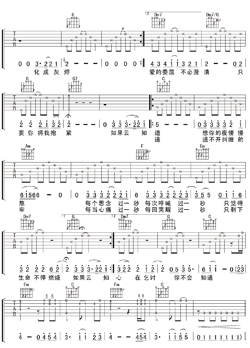 齐秦 《如果云知道》吉他谱 C调简单版 吉他谱