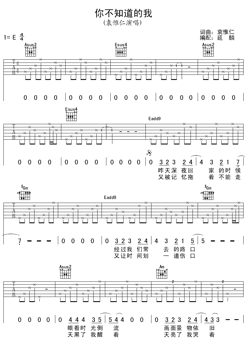 袁惟仁 你不知道的我 吉他谱
