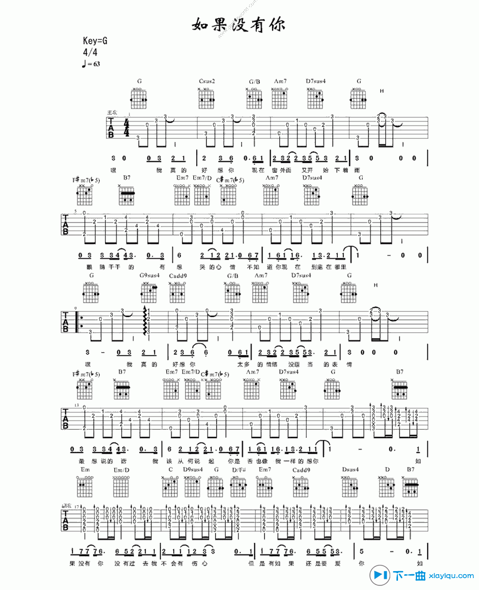 如果没有你吉他谱（六线谱）-李代沫版 吉他谱