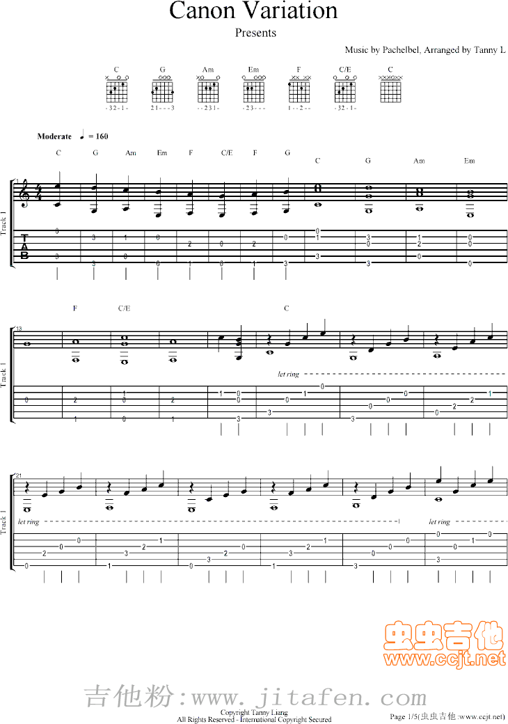 卡农吉他版C调自编 吉他谱