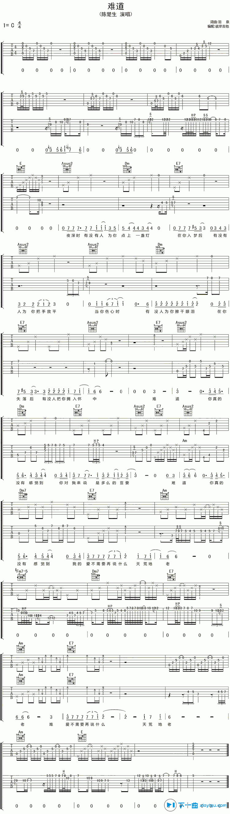 难道吉他谱C调_陈楚生难道六线谱 吉他谱
