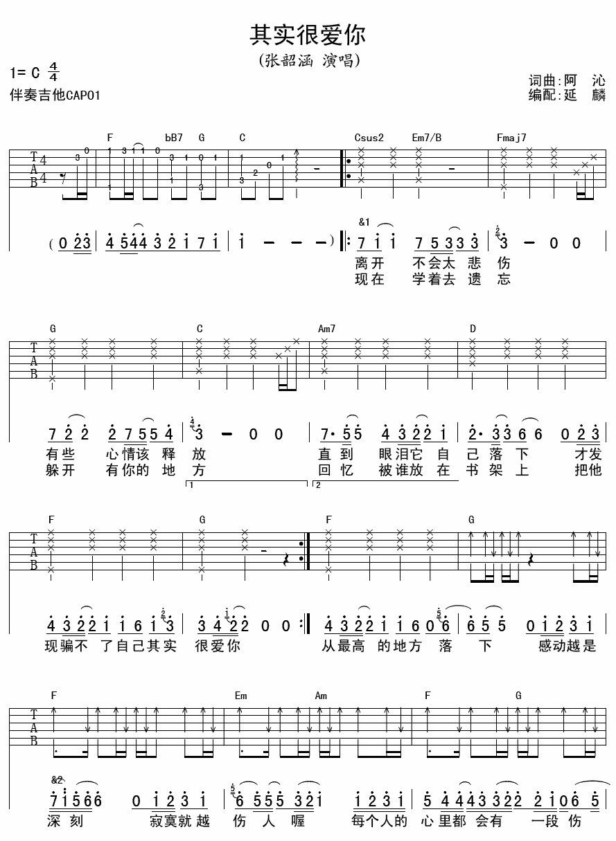 张韶涵 其实很爱你 吉他谱