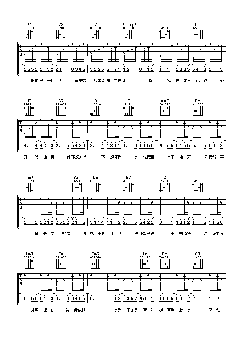 张韶涵 不想懂得 吉他谱