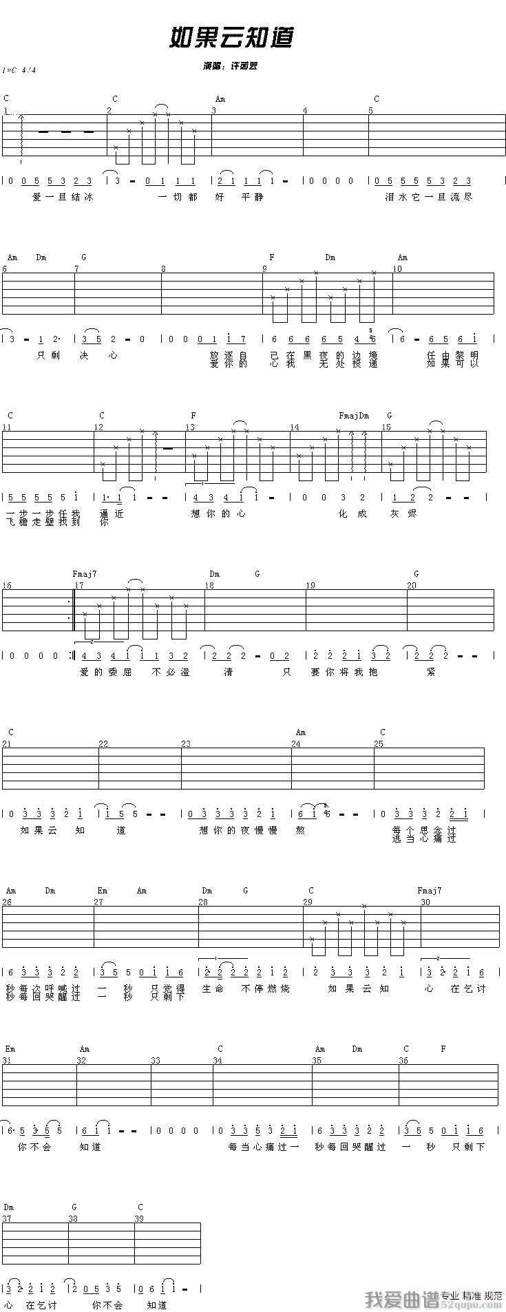 许茹芸《如果云知道》吉他谱/六线谱 吉他谱