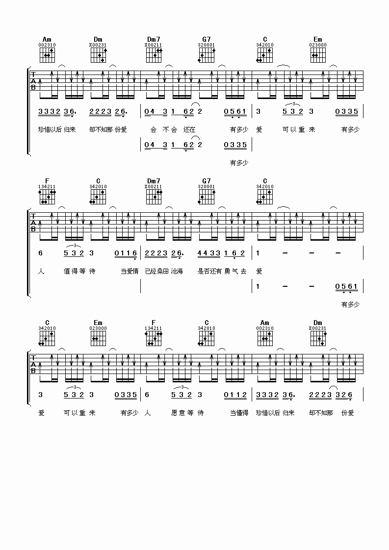 迪克牛仔 有多少爱可以重来吉他谱 C调谱天下版 吉他谱