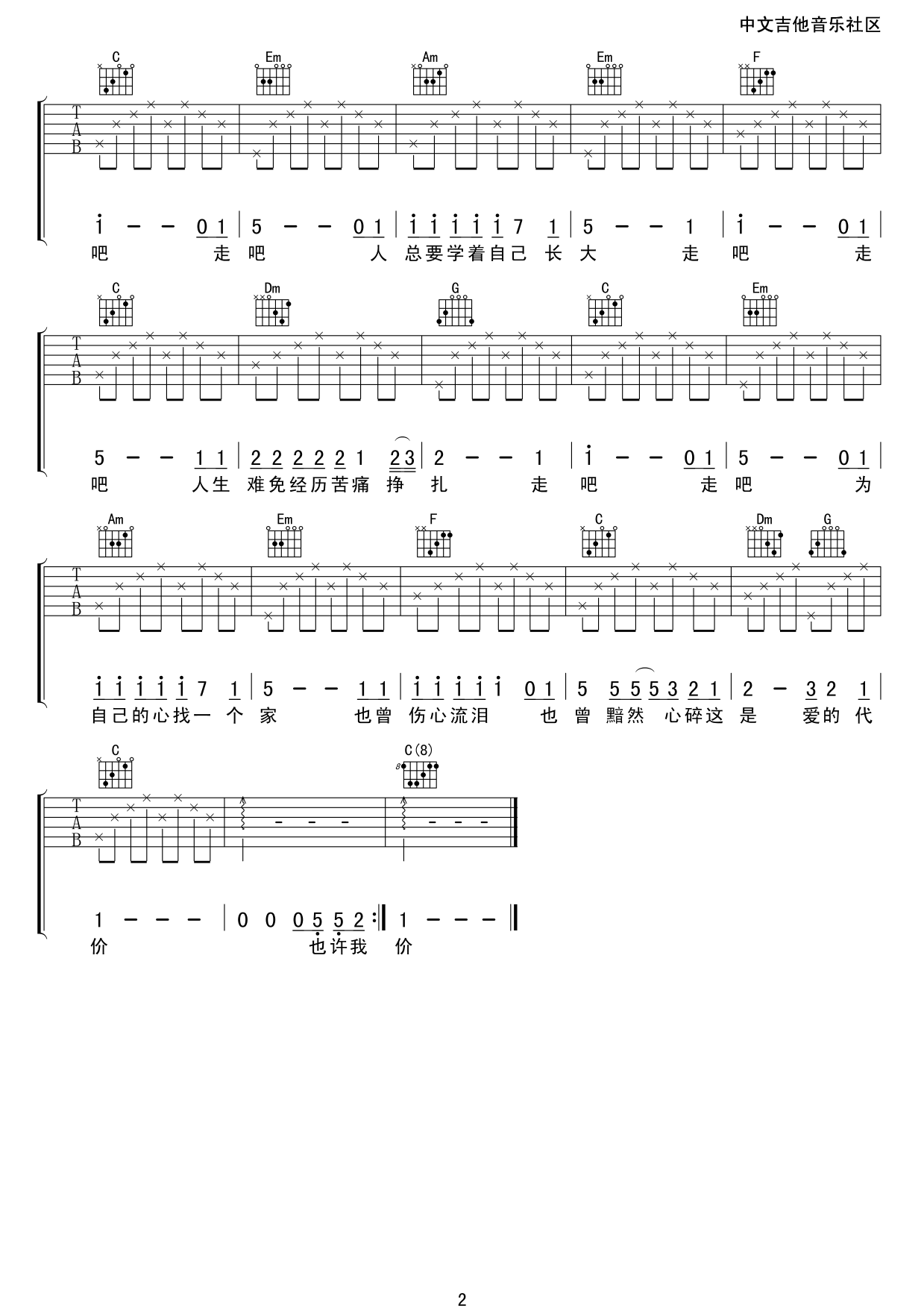 张艾嘉 爱的代价吉他谱 C调高清版 吉他谱