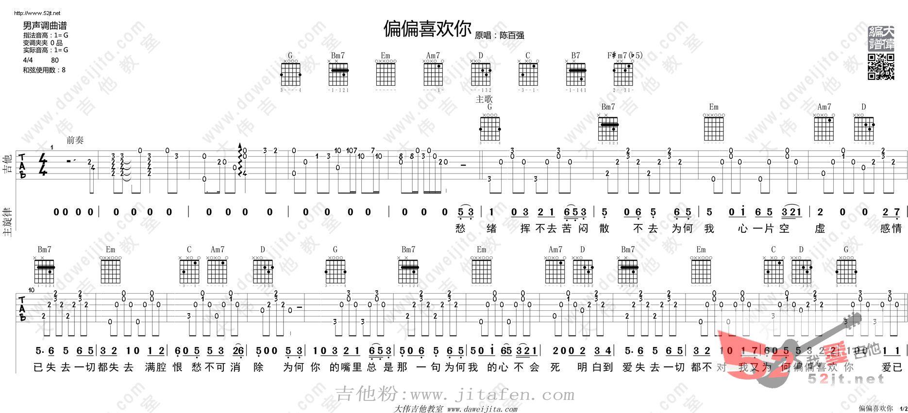 偏偏喜欢你 吉他教学吉他谱视频 吉他谱