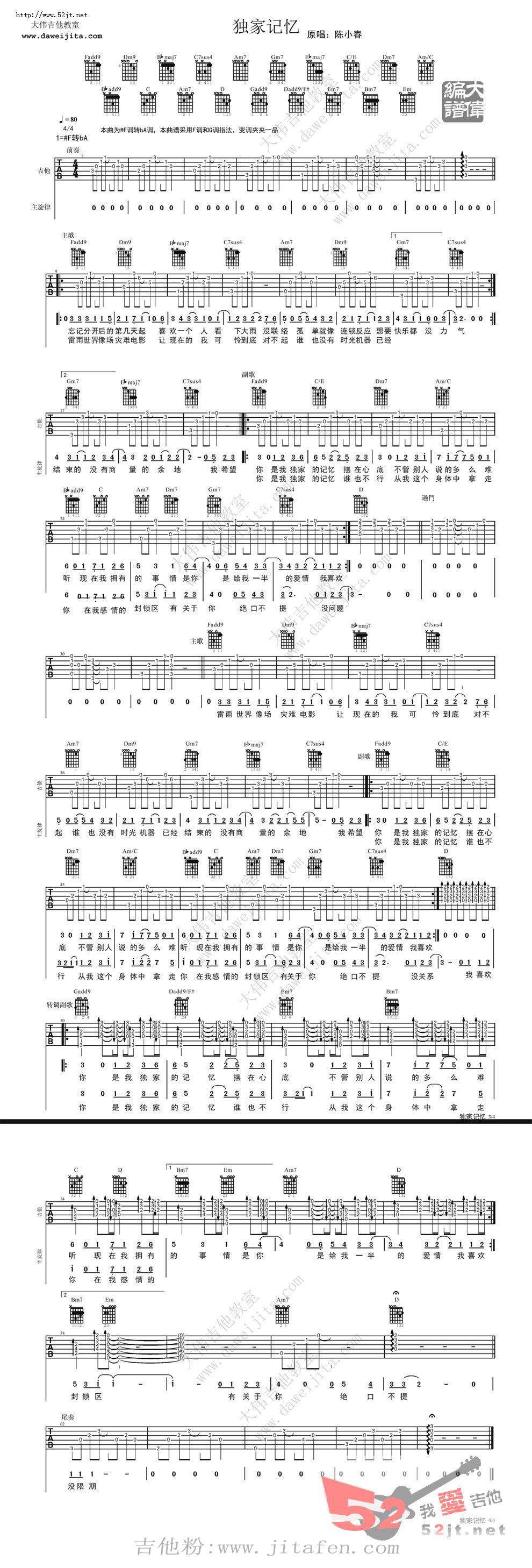 独家记忆 视频演示吉他谱视频 吉他谱