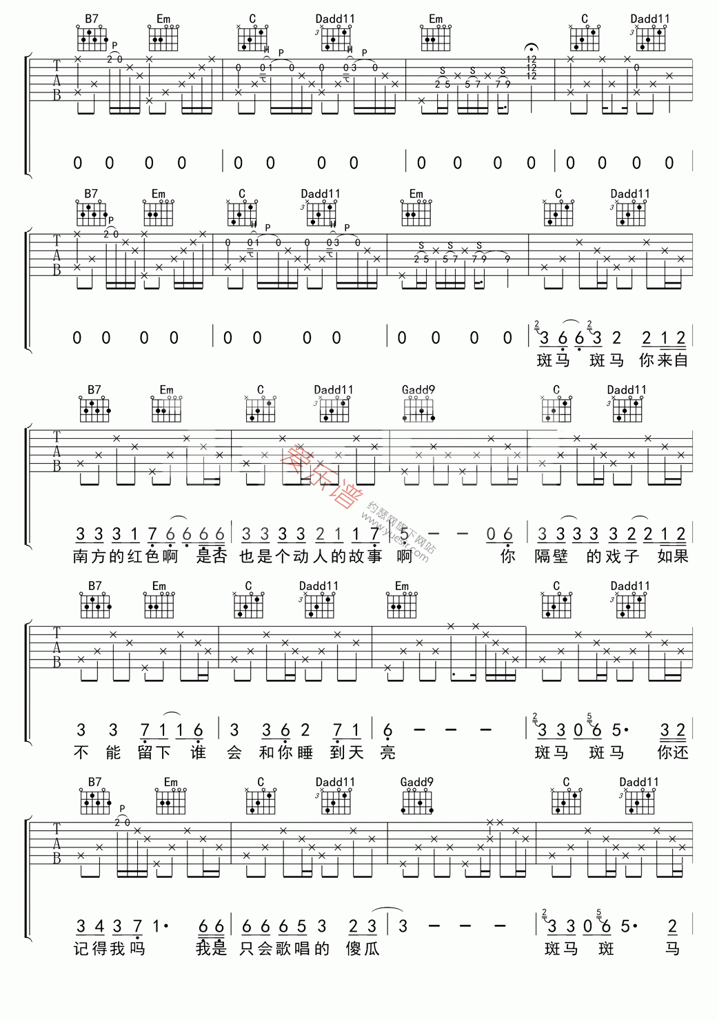 宋冬野《斑马斑马》 吉他谱