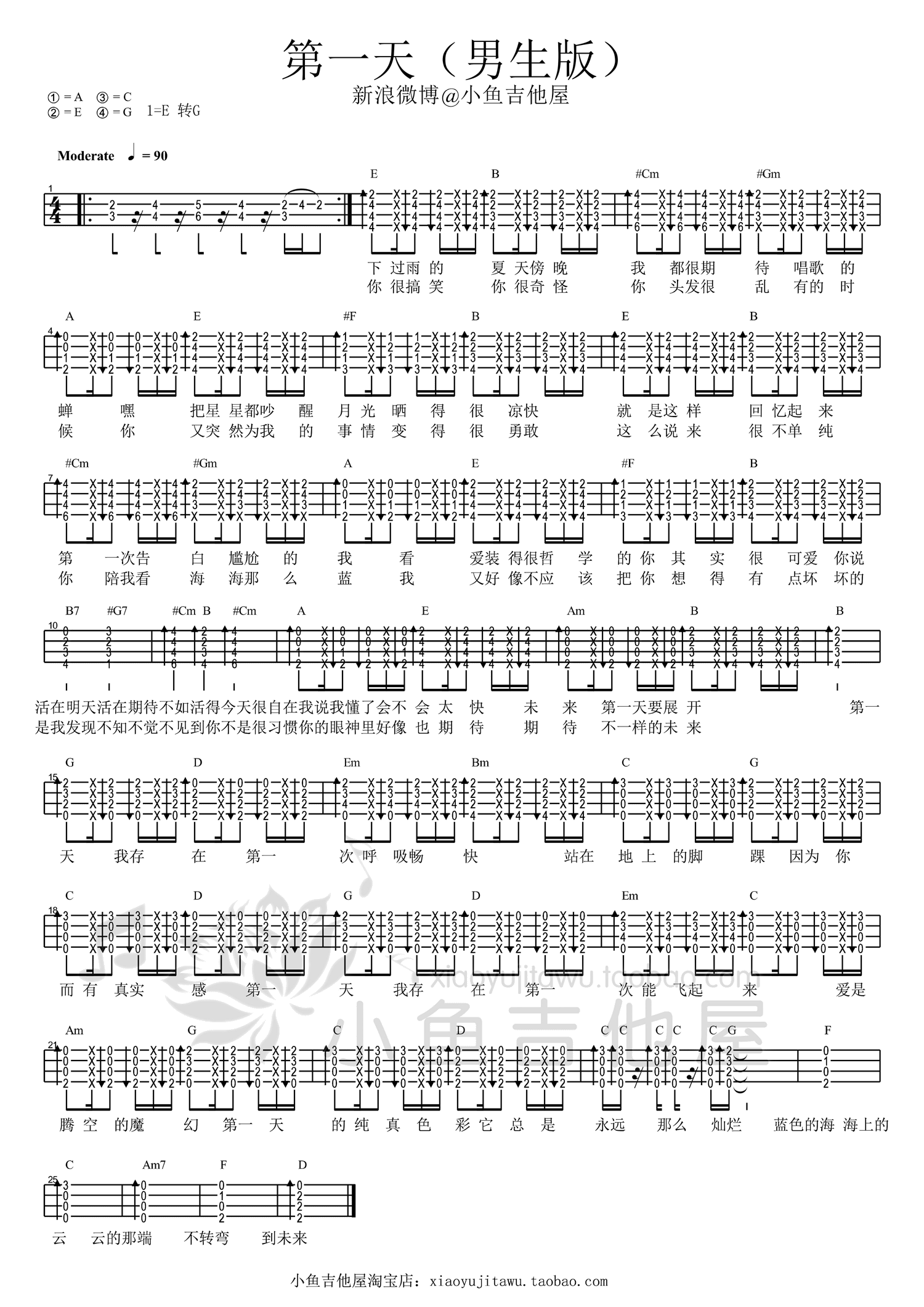 孙燕姿/五月天 第一天（男生版）尤克里里谱 吉他谱