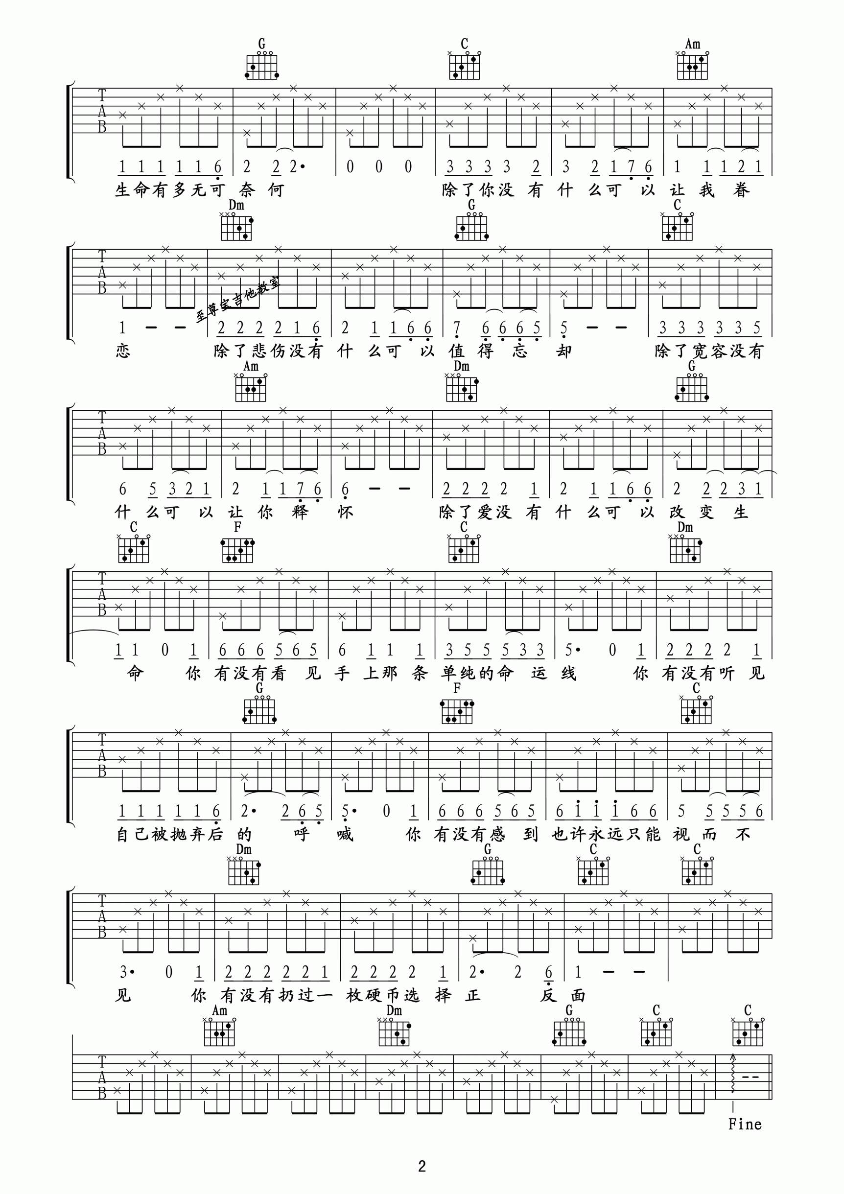 汪峰《硬币》吉他谱 C调高清版 吉他谱