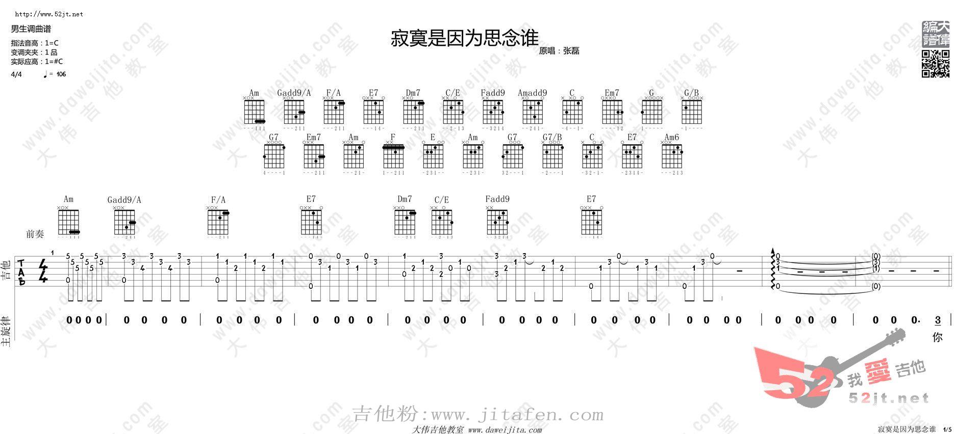 寂寞是因为思念谁 张磊演唱吉他谱视频 吉他谱